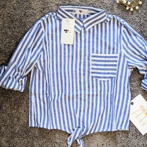 Button down crop knot collar blue white stripes Temt Au